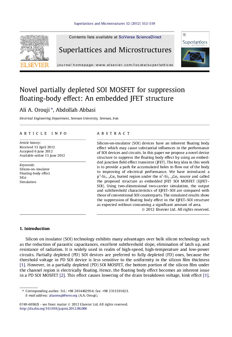 Novel partially depleted SOI MOSFET for suppression floating-body effect: An embedded JFET structure