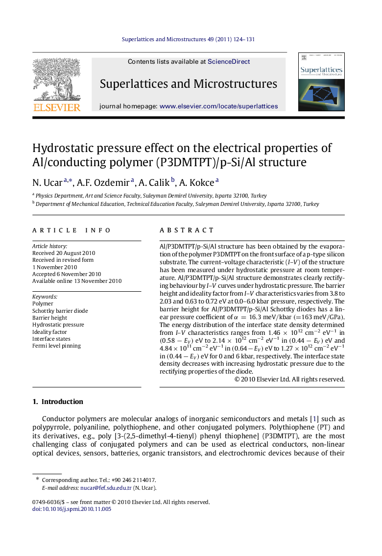 Hydrostatic pressure effect on the electrical properties of Al/conducting polymer (P3DMTPT)/p-Si/Al structure