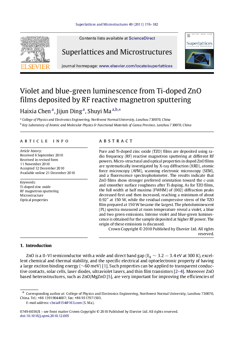عکس صفحه اول مقاله: Violet and blue-green luminescence from Ti-doped ZnO films deposited by RF reactive magnetron sputtering Violet and blue-green luminescence from Ti-doped ZnO films deposited by RF reactive magnetron sputtering