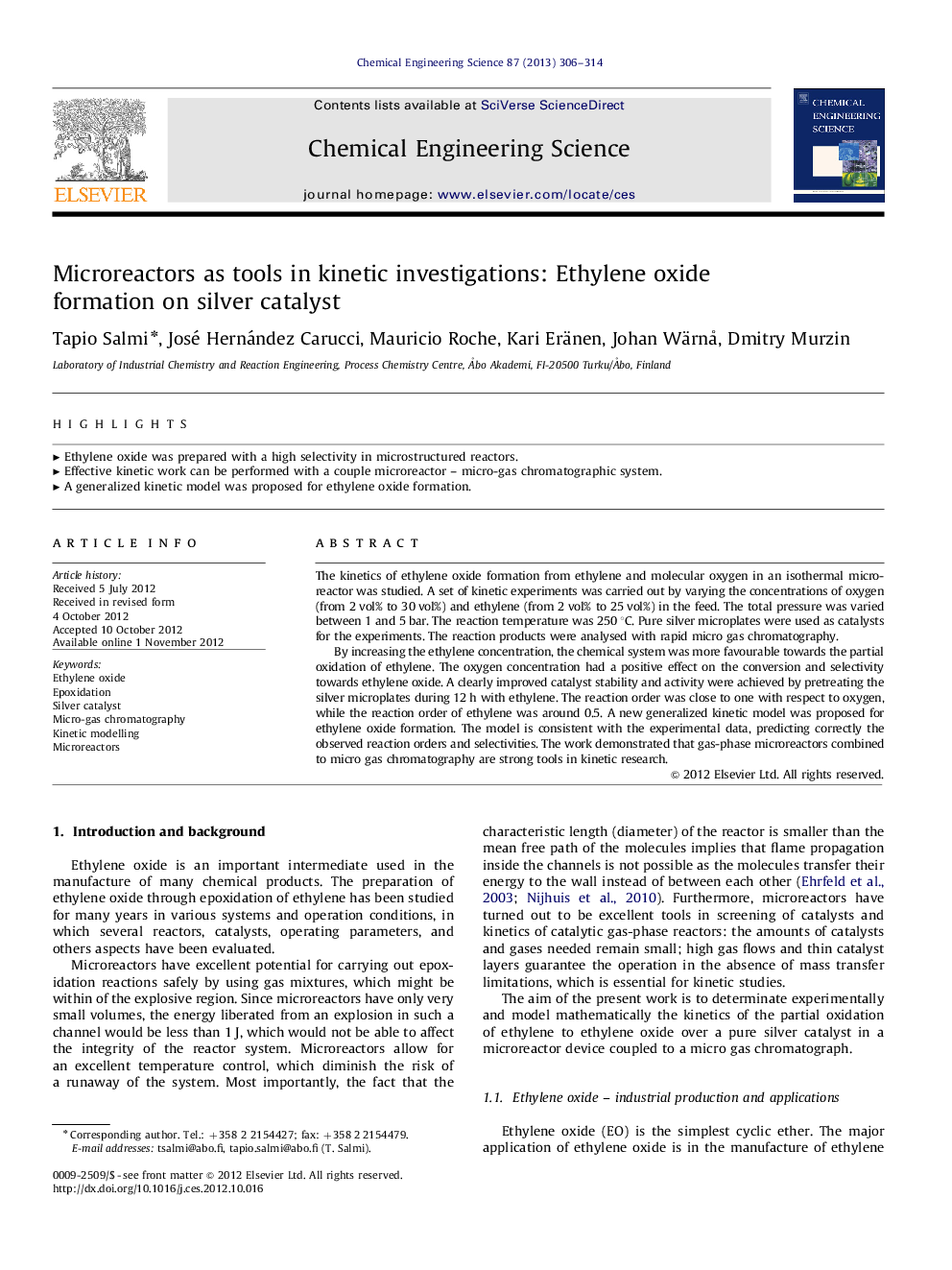 عکس صفحه اول مقاله: Microreactors as tools in kinetic investigations: Ethylene oxide formation on silver catalyst Microreactors as tools in kinetic investigations: Ethylene oxide formation on silver catalyst