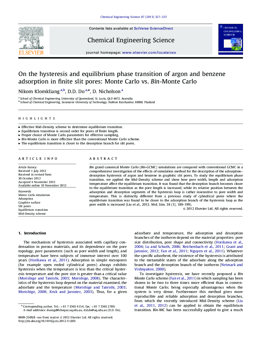 On the hysteresis and equilibrium phase transition of argon and benzene adsorption in finite slit pores: Monte Carlo vs. Bin-Monte Carlo