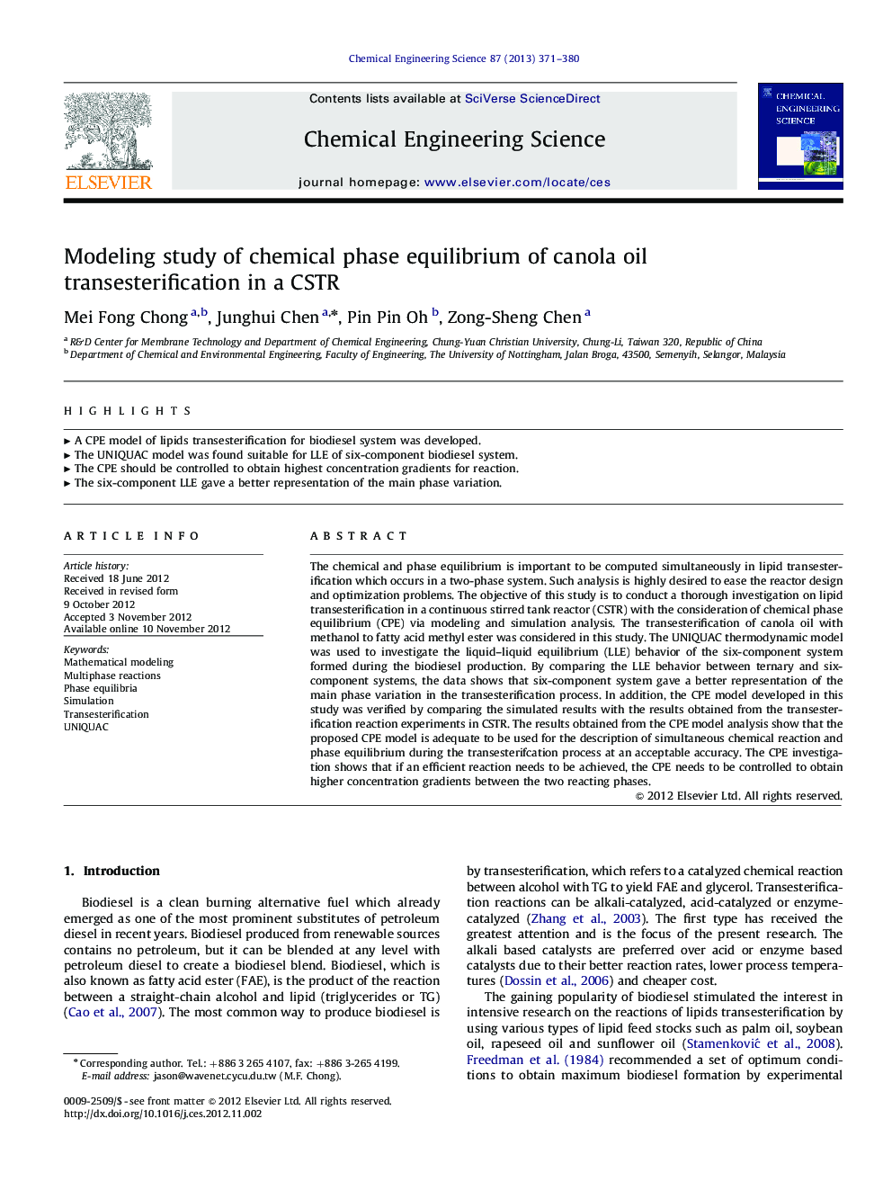 Modeling study of chemical phase equilibrium of canola oil transesterification in a CSTR