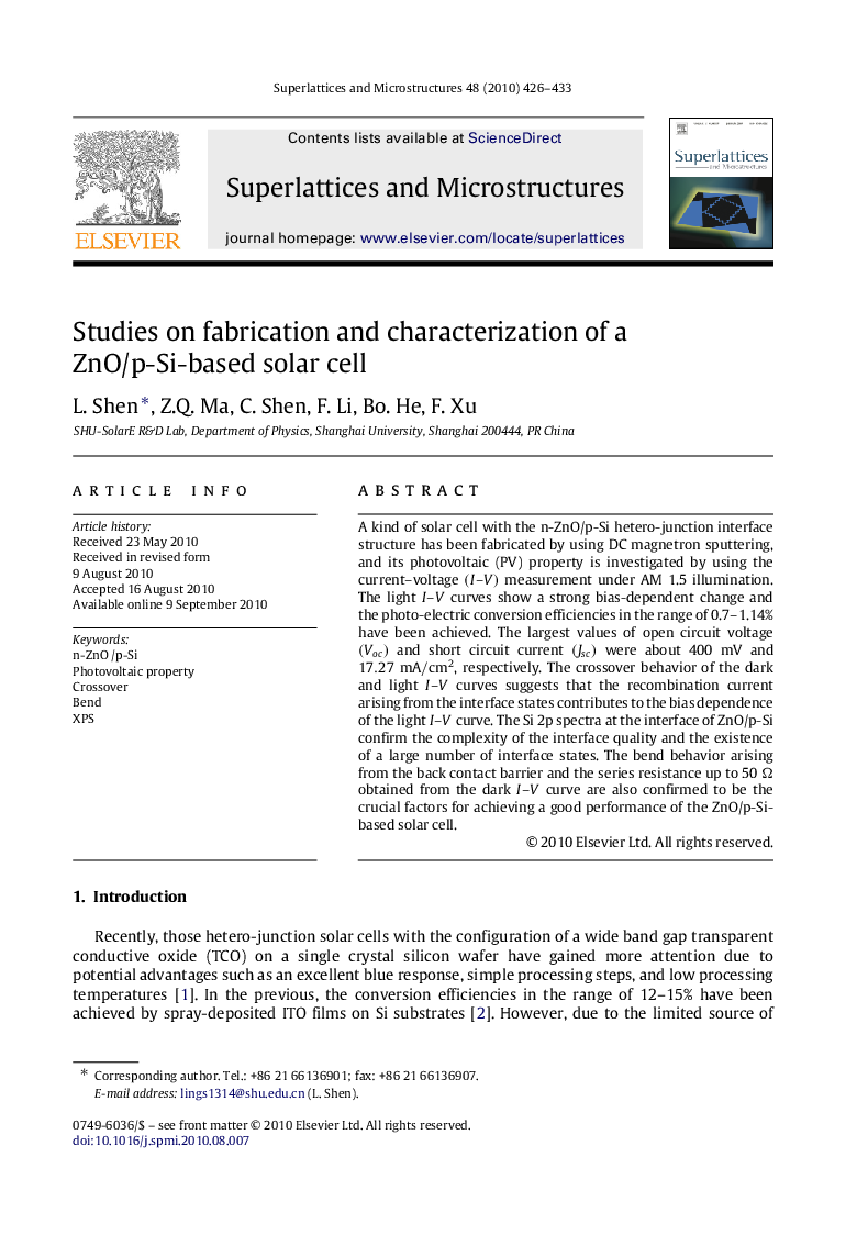 Studies on fabrication and characterization of a ZnO/p-Si-based solar cell