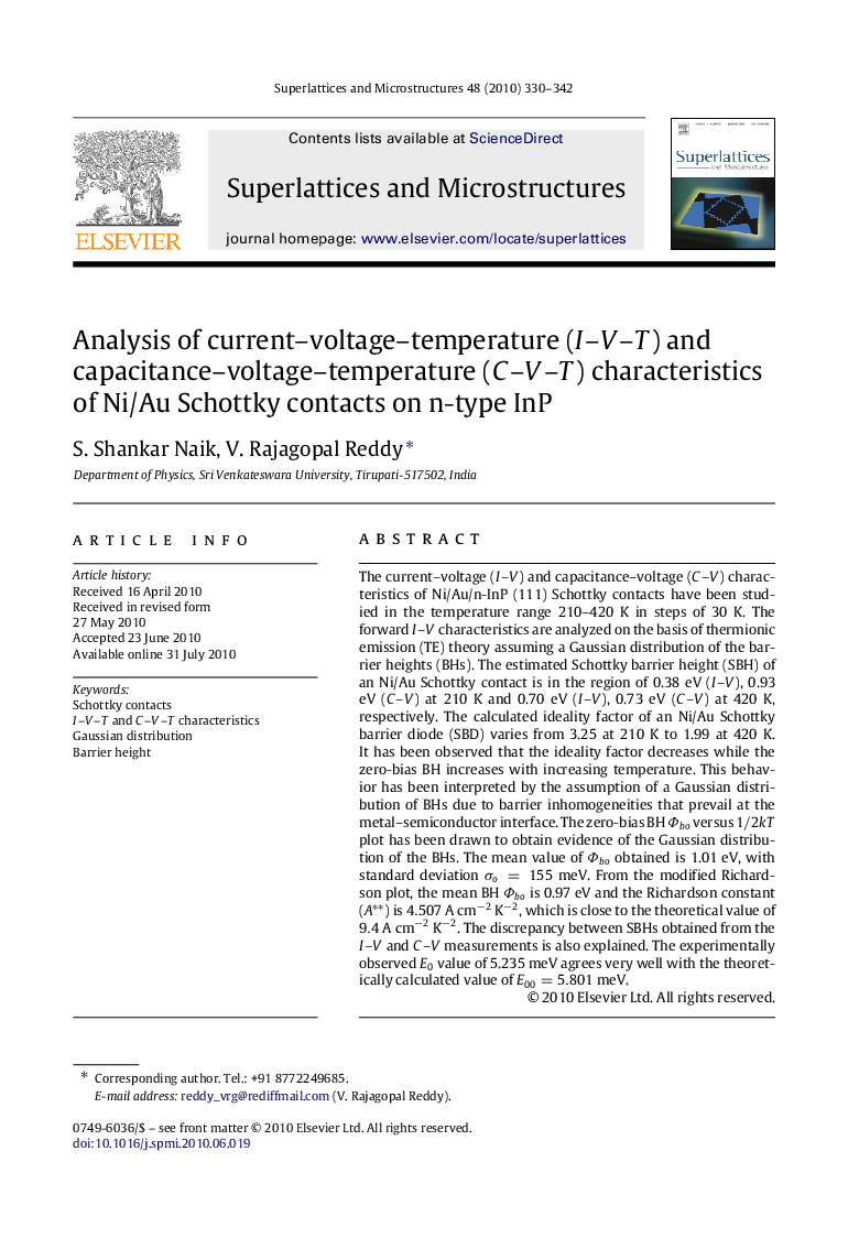 Analysis of current–voltage–temperature (II–VV–TT) and capacitance–voltage–temperature (CC–VV–TT) characteristics of Ni/Au Schottky contacts on n-type InP