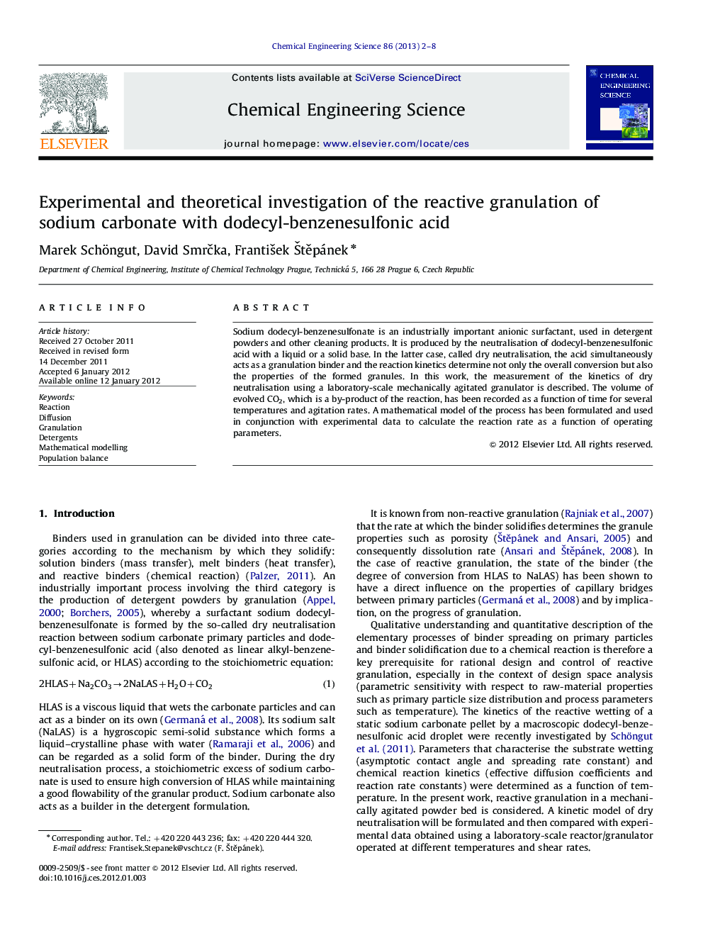 Experimental and theoretical investigation of the reactive granulation of sodium carbonate with dodecyl-benzenesulfonic acid