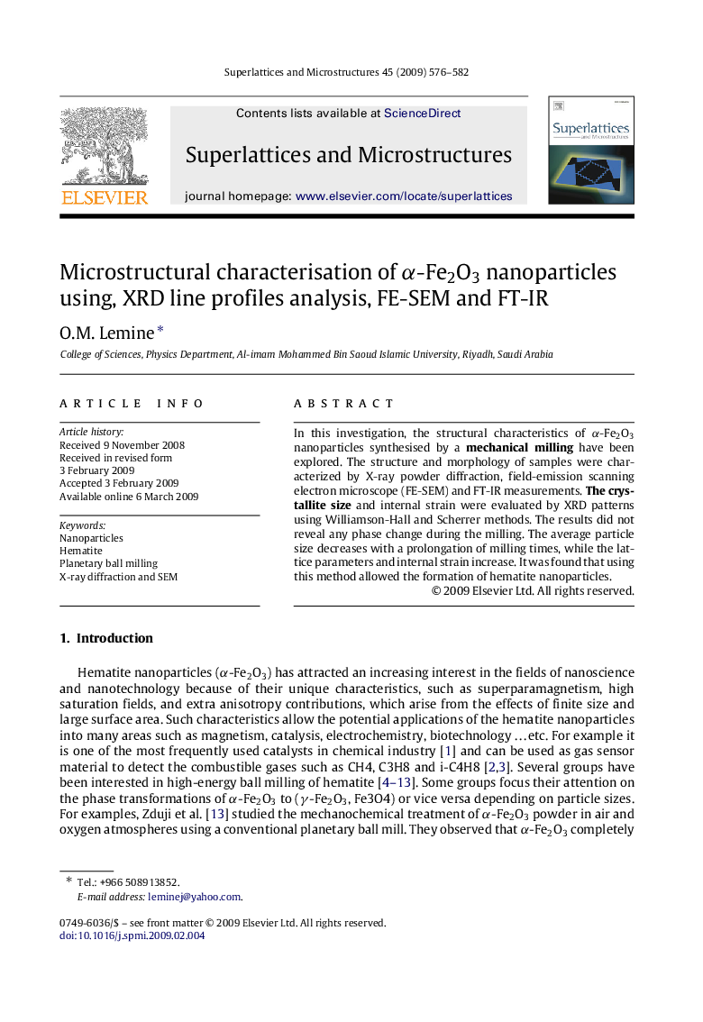 Microstructural characterisation of α-Fe2O3 nanoparticles using, XRD line profiles analysis, FE-SEM and FT-IR