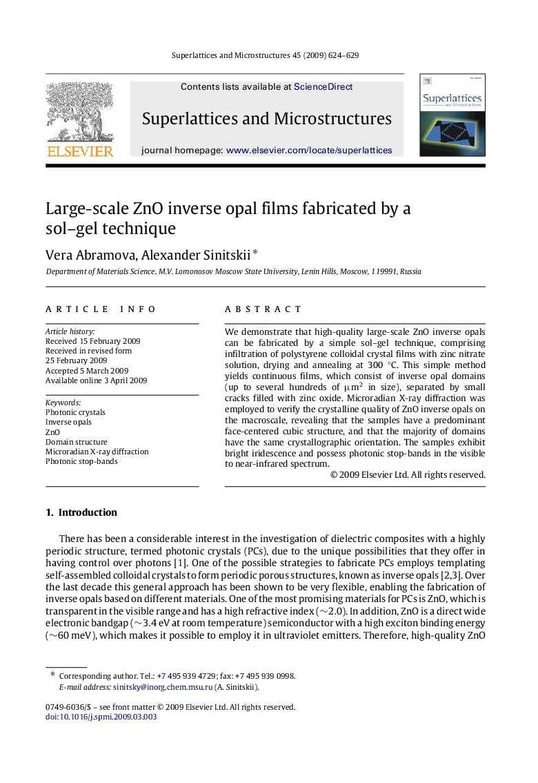 Large-scale ZnO inverse opal films fabricated by a sol–gel technique