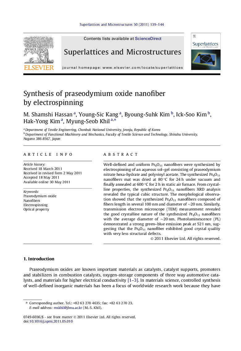 Synthesis of praseodymium oxide nanofiber by electrospinning