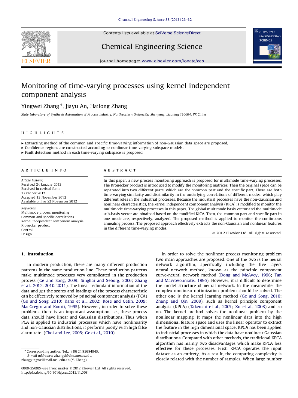 Monitoring of time-varying processes using kernel independent component analysis