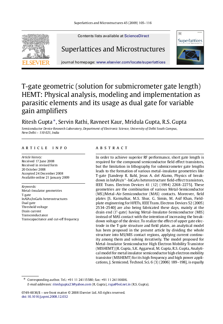 T-gate geometric (solution for submicrometer gate length) HEMT: Physical analysis, modeling and implementation as parasitic elements and its usage as dual gate for variable gain amplifiers