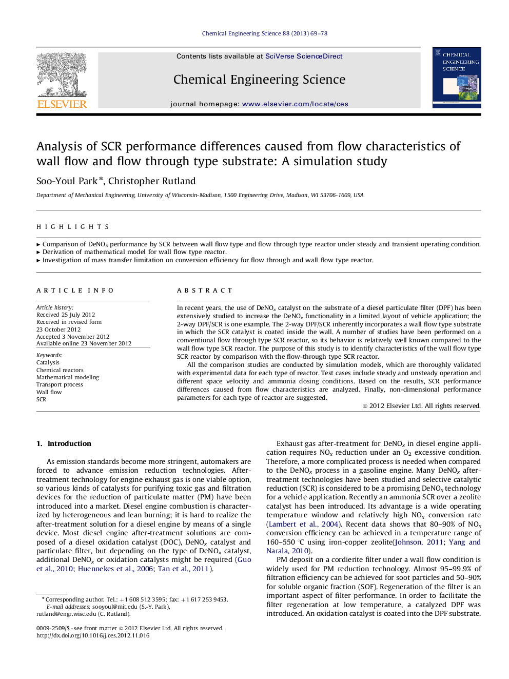 Analysis of SCR performance differences caused from flow characteristics of wall flow and flow through type substrate: A simulation study