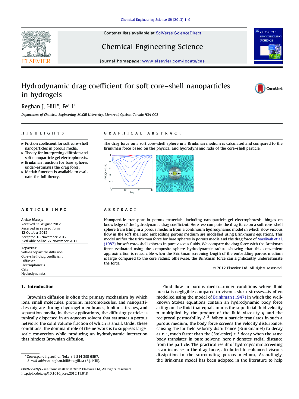 Hydrodynamic drag coefficient for soft core–shell nanoparticles in hydrogels