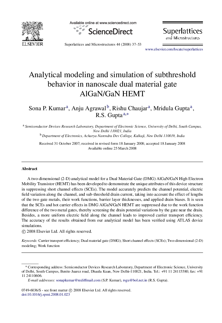 Analytical modeling and simulation of subthreshold behavior in nanoscale dual material gate AlGaN/GaN HEMT