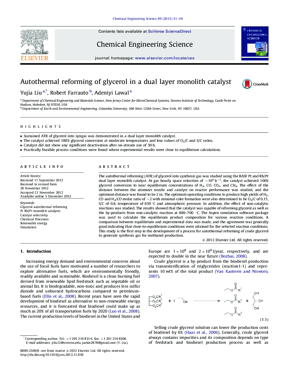 Autothermal reforming of glycerol in a dual layer monolith catalyst
