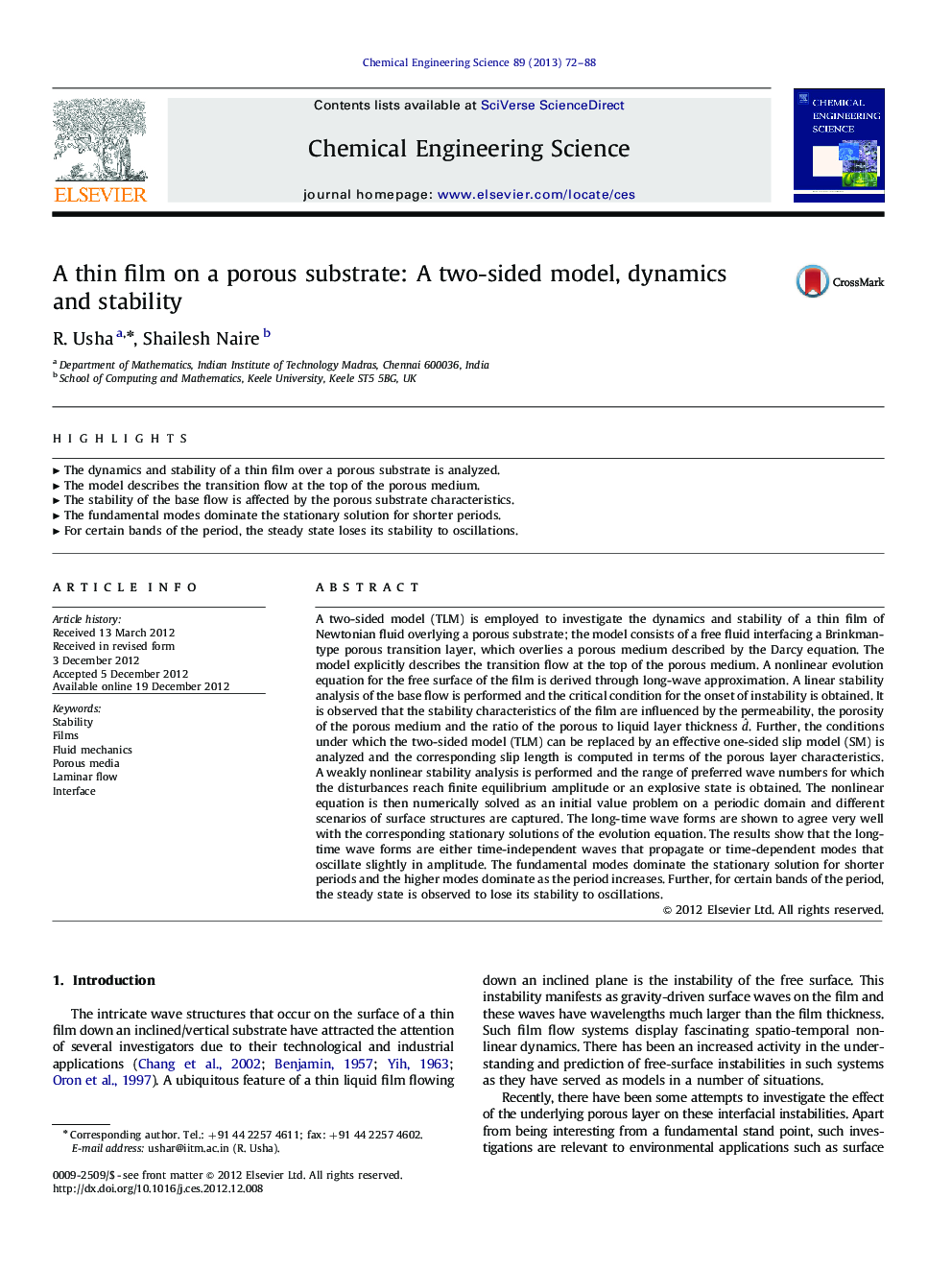 عکس صفحه اول مقاله: A thin film on a porous substrate: A two-sided model, dynamics and stability A thin film on a porous substrate: A two-sided model, dynamics and stability