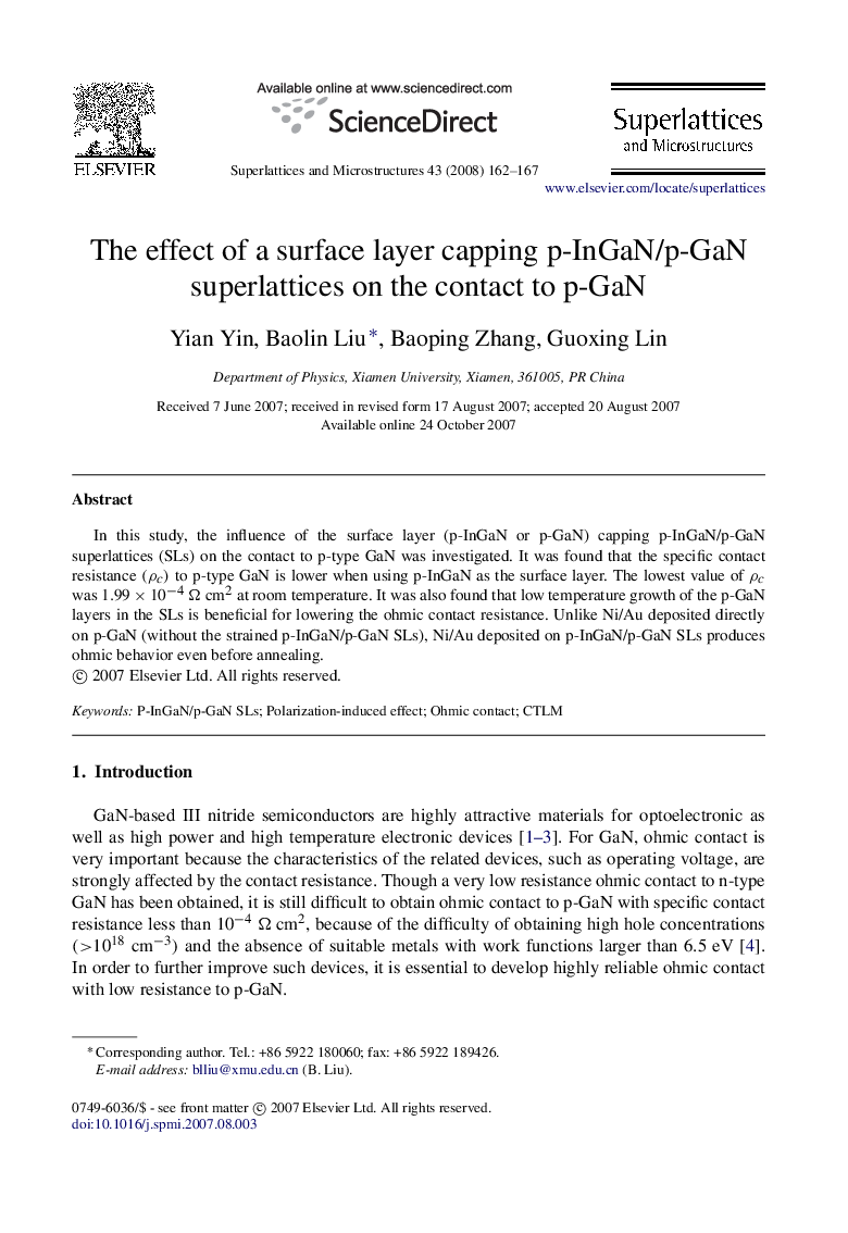 The effect of a surface layer capping p-InGaN/p-GaN superlattices on the contact to p-GaN