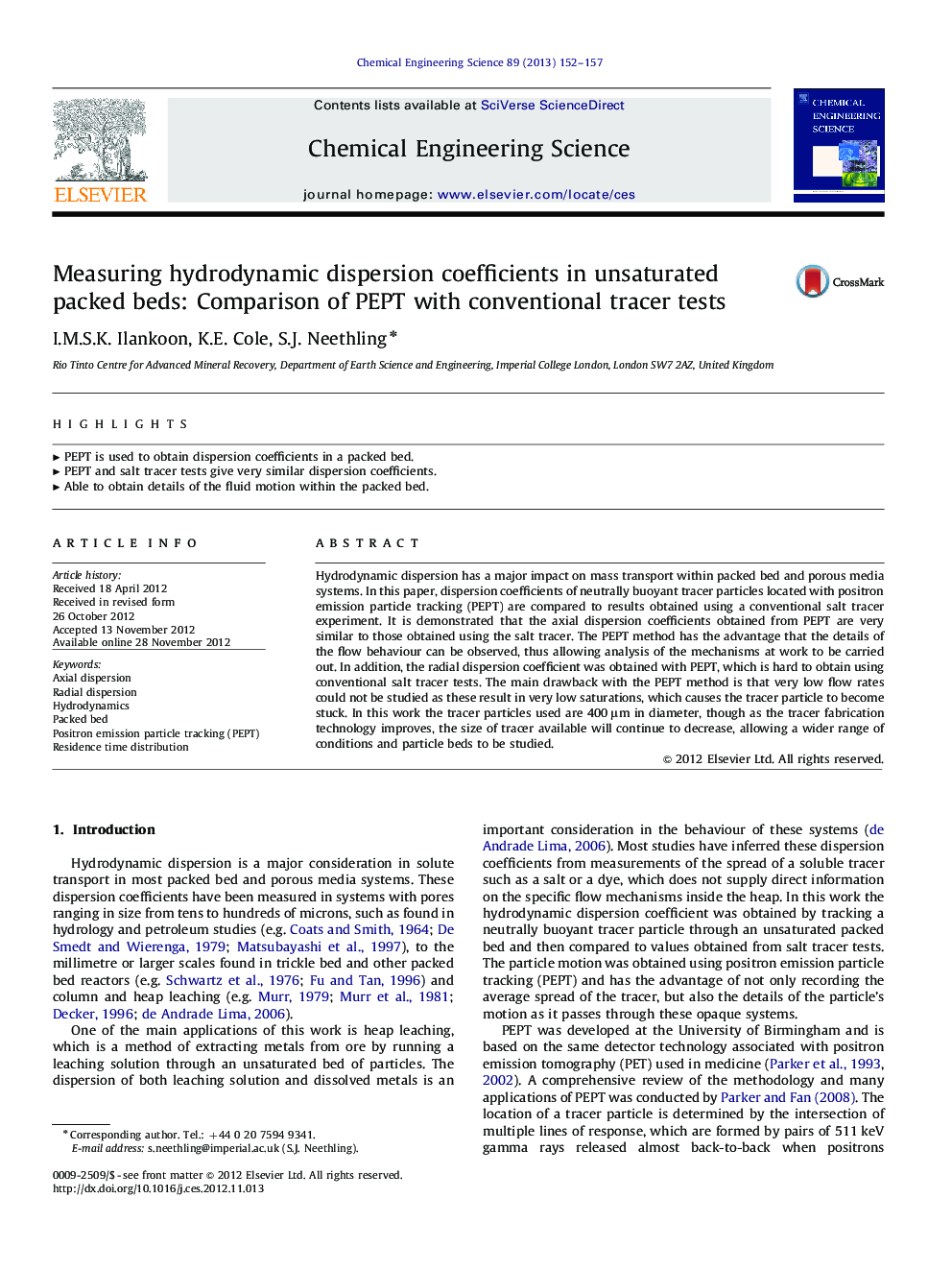 Measuring hydrodynamic dispersion coefficients in unsaturated packed beds: Comparison of PEPT with conventional tracer tests