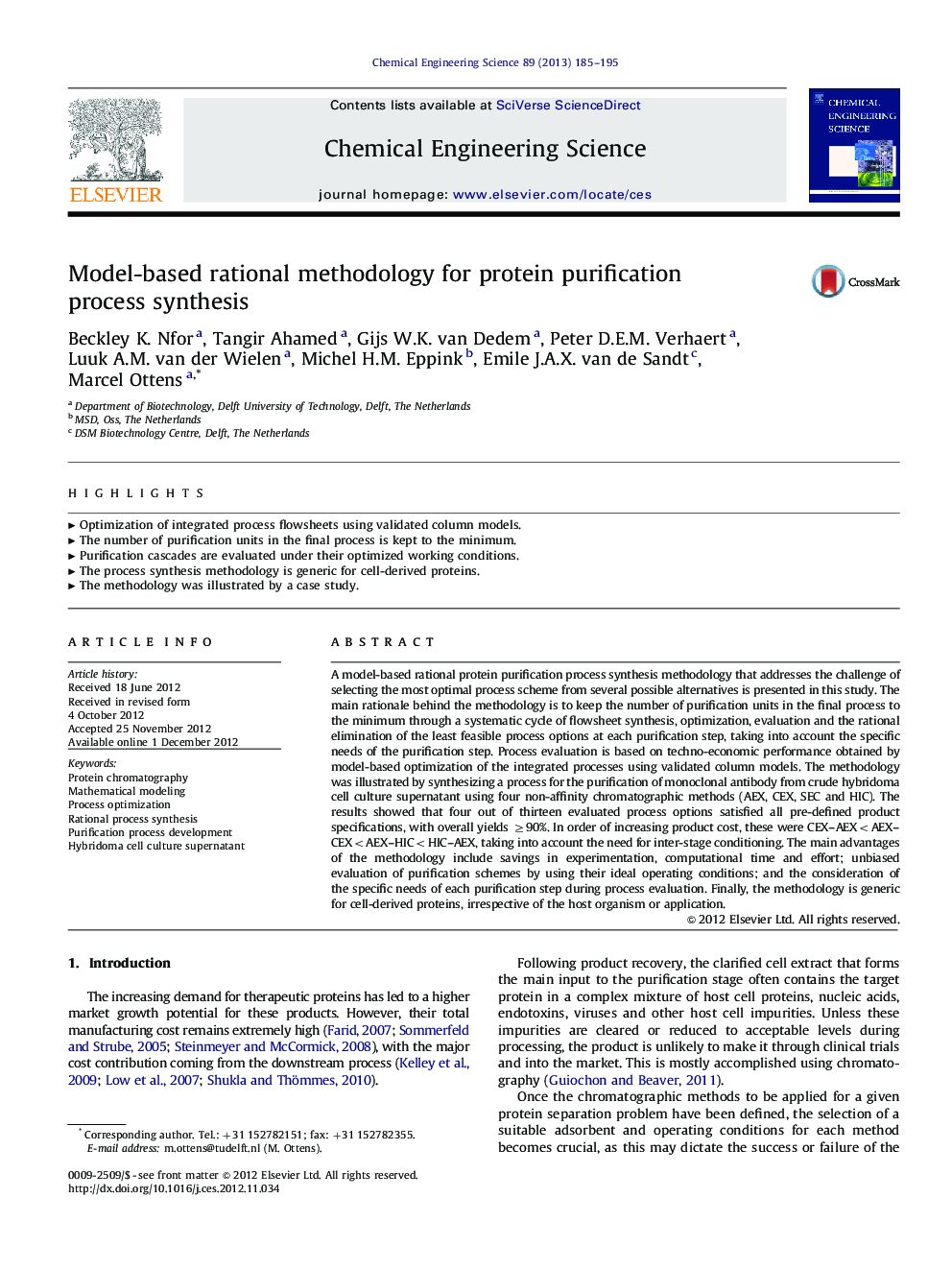 Model-based rational methodology for protein purification process synthesis