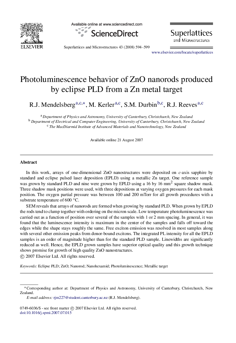 Photoluminescence behavior of ZnO nanorods produced by eclipse PLD from a Zn metal target