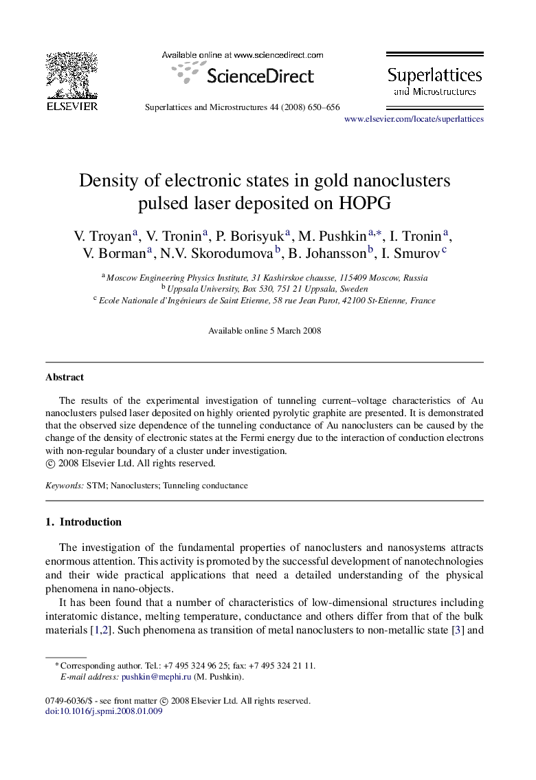 Density of electronic states in gold nanoclusters pulsed laser deposited on HOPG