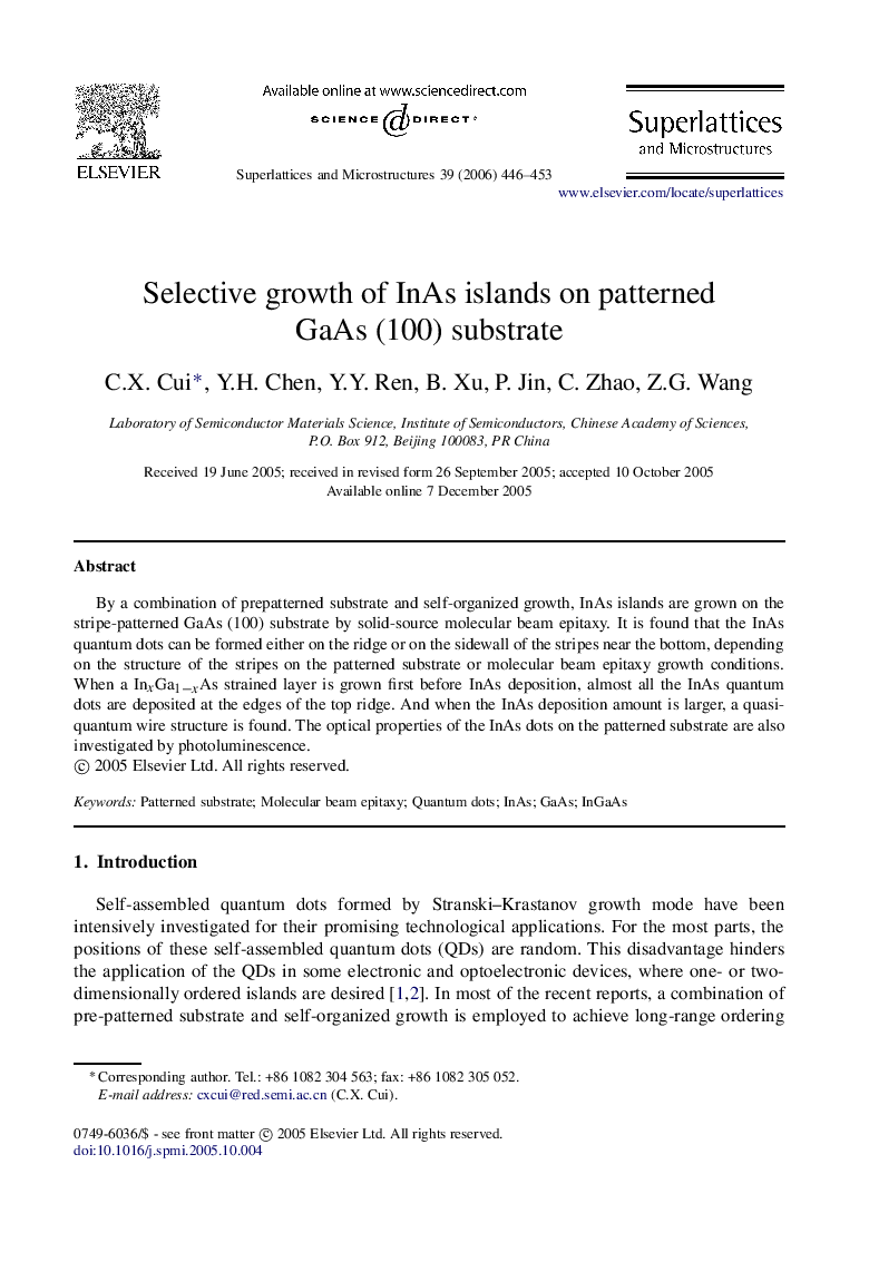 Selective growth of InAs islands on patterned GaAs (100) substrate