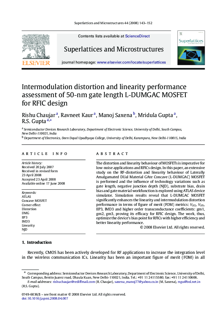 Intermodulation distortion and linearity performance assessment of 50-nm gate length L-DUMGAC MOSFET for RFIC design