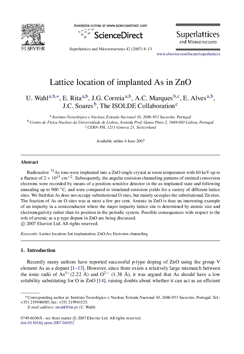 Lattice location of implanted As in ZnO