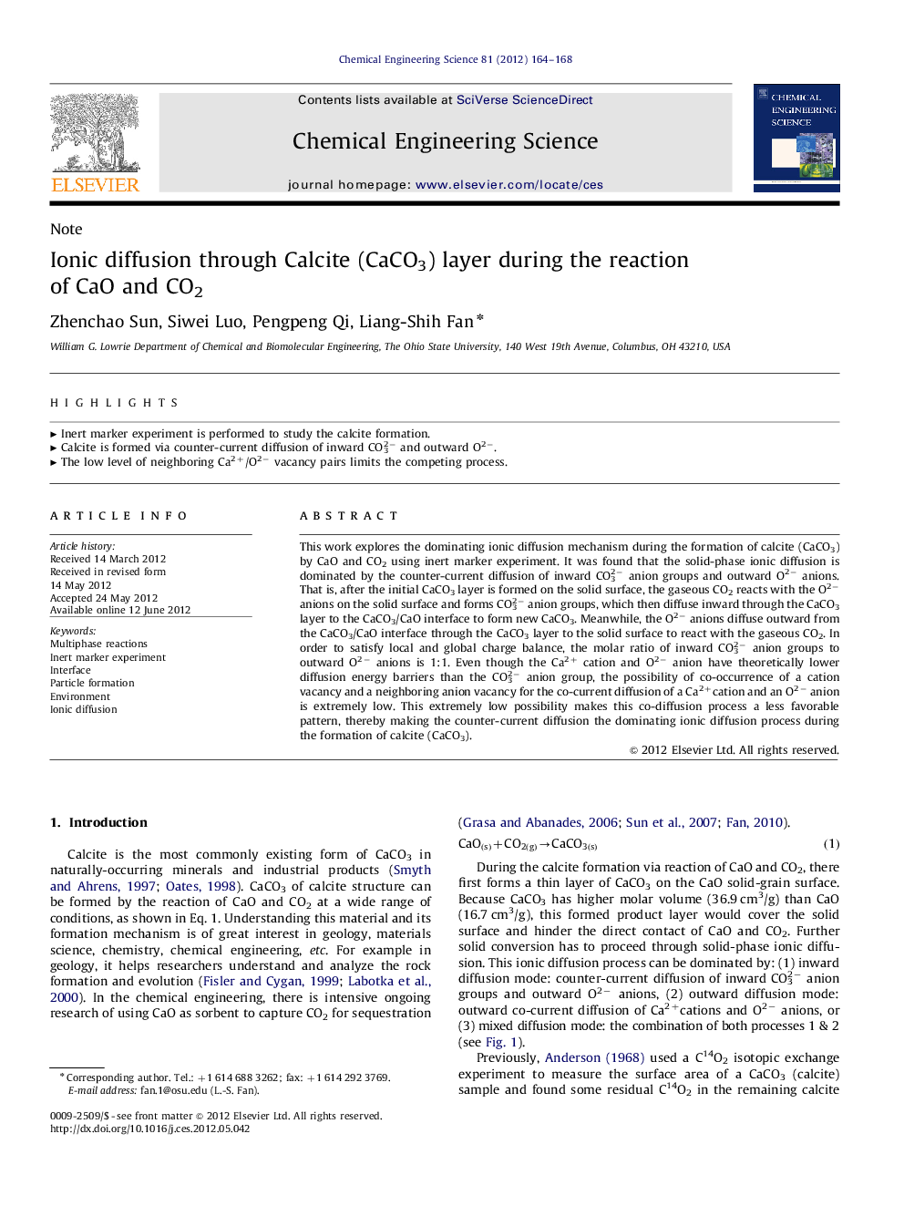 Ionic diffusion through Calcite (CaCO3) layer during the reaction of CaO and CO2