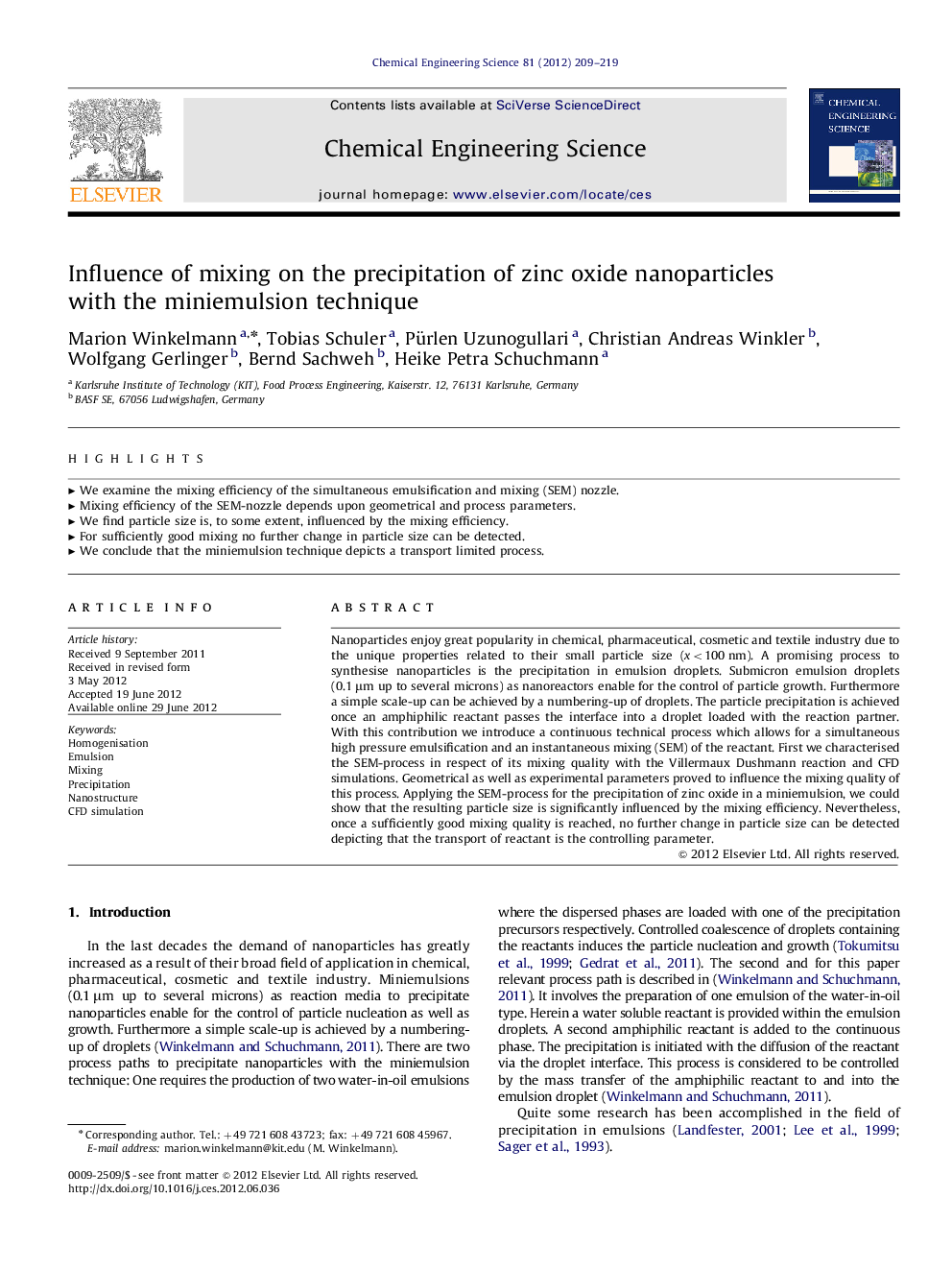 Influence of mixing on the precipitation of zinc oxide nanoparticles with the miniemulsion technique