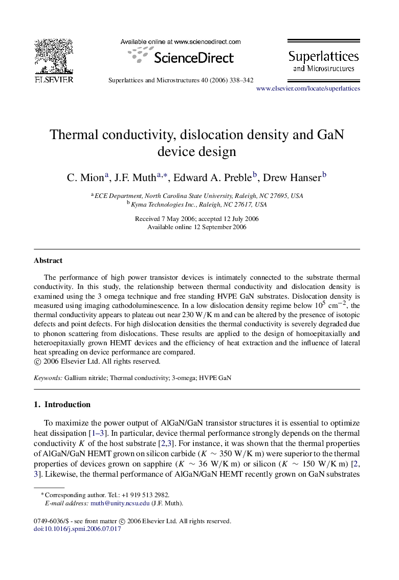 Thermal conductivity, dislocation density and GaN device design