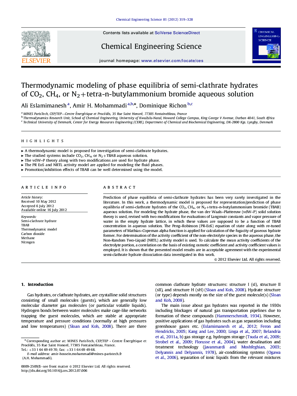 Thermodynamic modeling of phase equilibria of semi-clathrate hydrates of CO2, CH4, or N2+tetra-n-butylammonium bromide aqueous solution