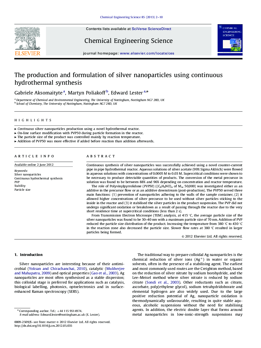 The production and formulation of silver nanoparticles using continuous hydrothermal synthesis