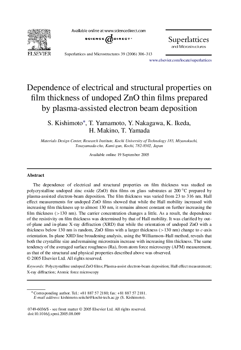 Dependence of electrical and structural properties on film thickness of undoped ZnO thin films prepared by plasma-assisted electron beam deposition