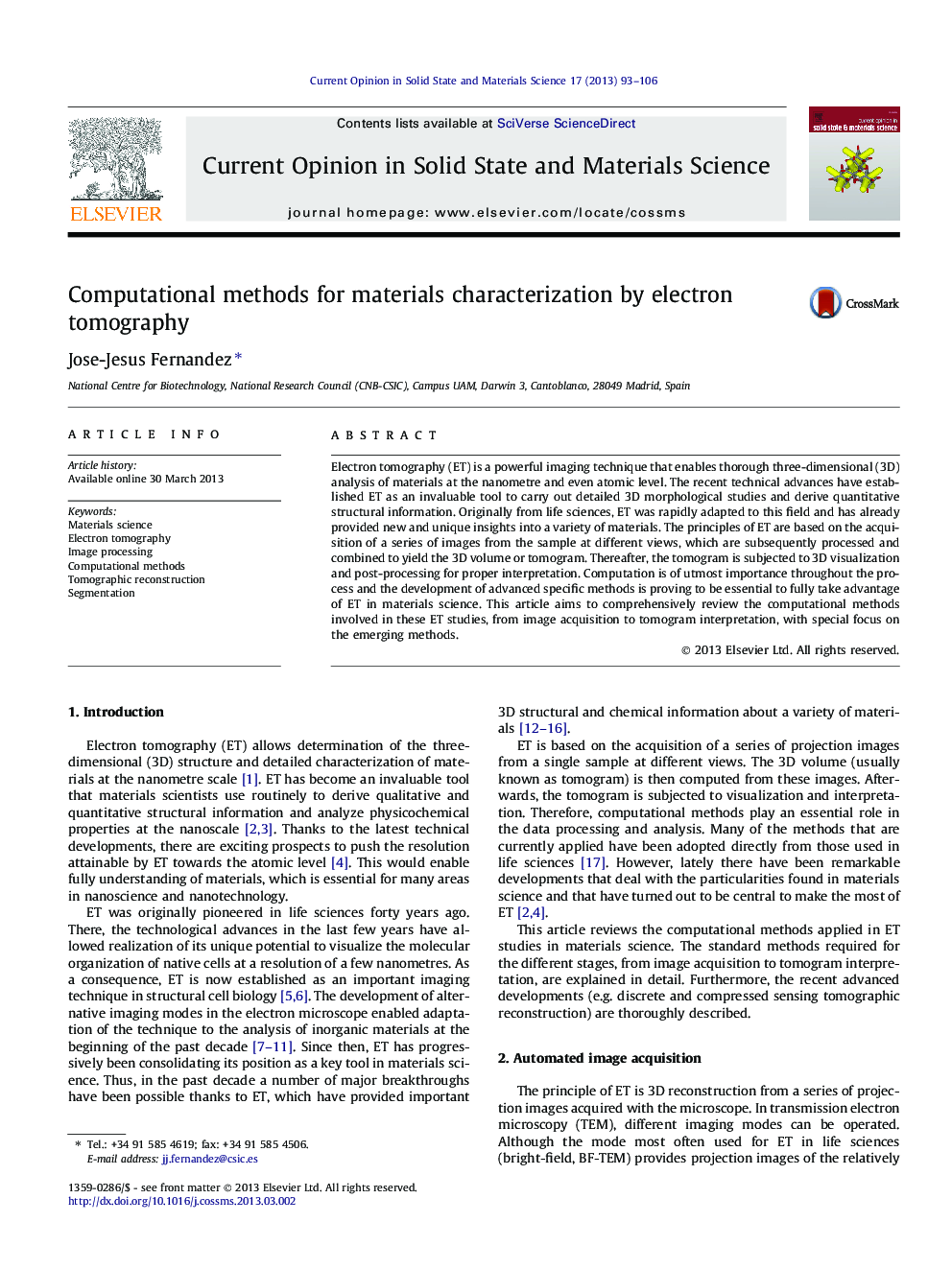 Computational methods for materials characterization by electron tomography