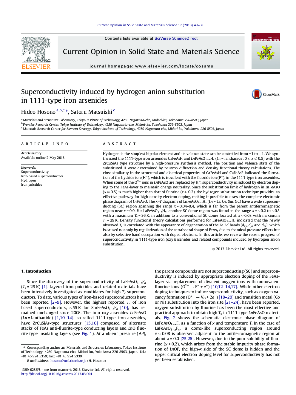 عکس صفحه اول مقاله: Superconductivity induced by hydrogen anion substitution in 1111-type iron arsenides Superconductivity induced by hydrogen anion substitution in 1111-type iron arsenides
