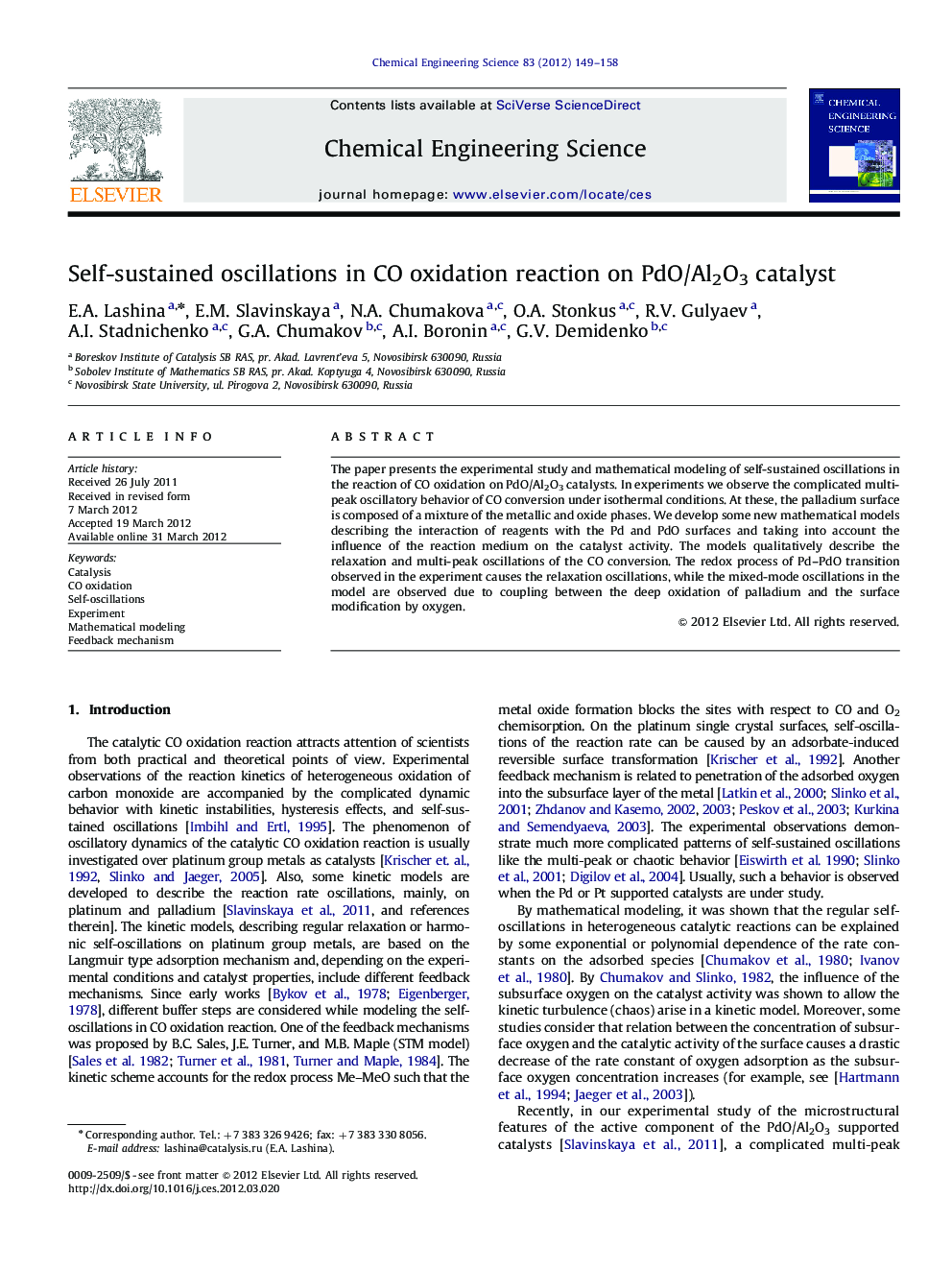 Self-sustained oscillations in CO oxidation reaction on PdO/Al2O3 catalyst