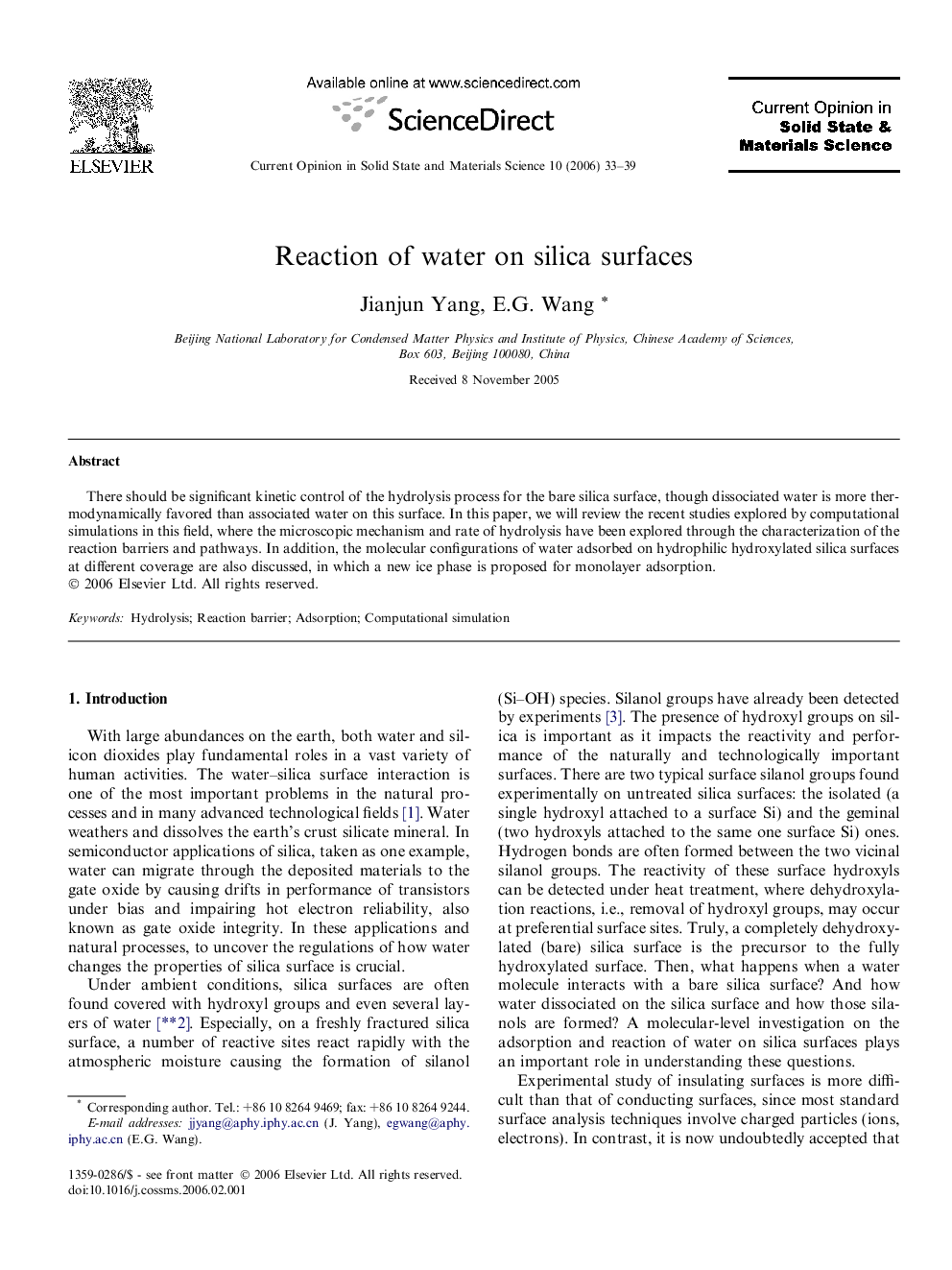 Reaction of water on silica surfaces