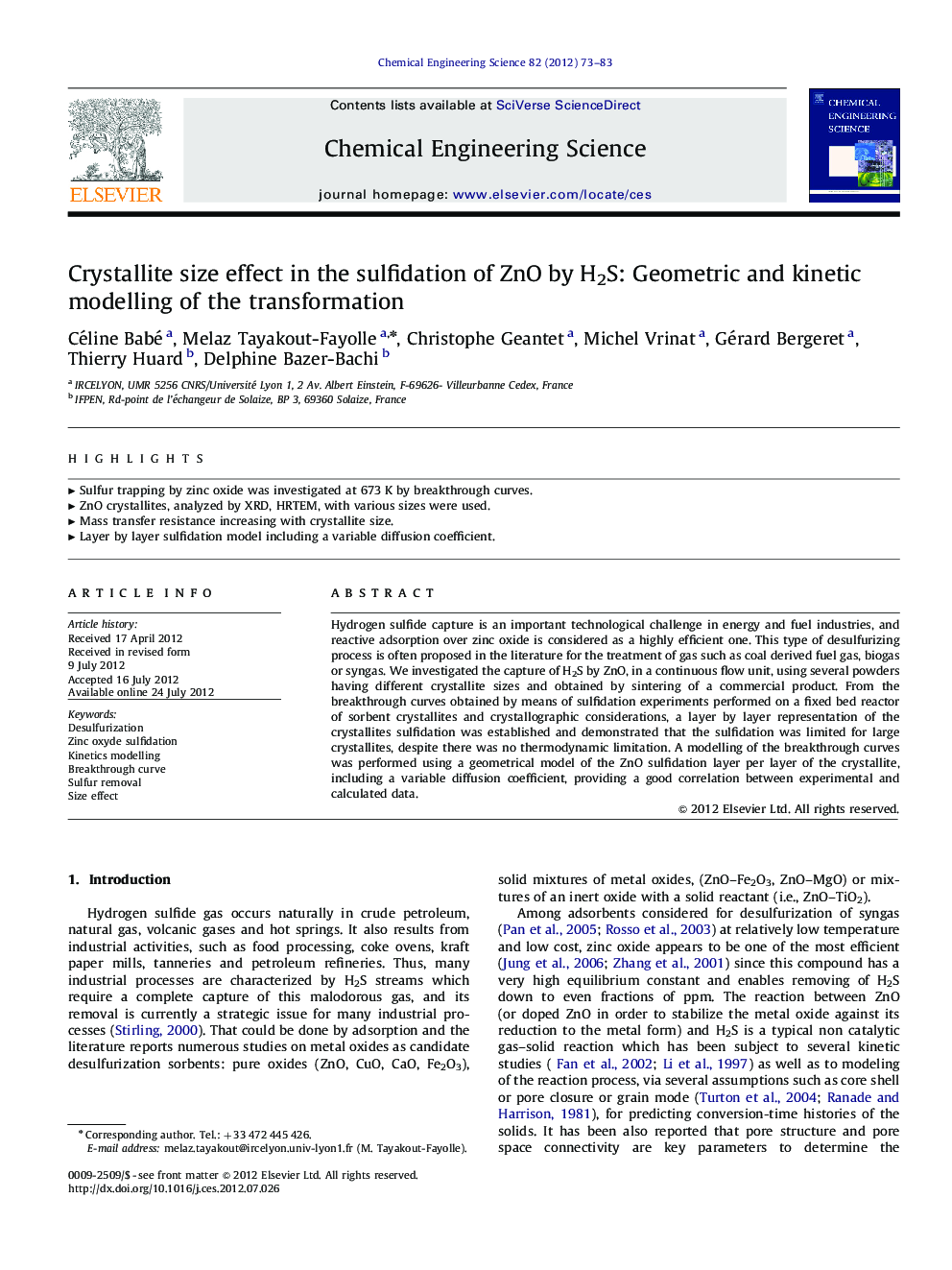 Crystallite size effect in the sulfidation of ZnO by H2S: Geometric and kinetic modelling of the transformation