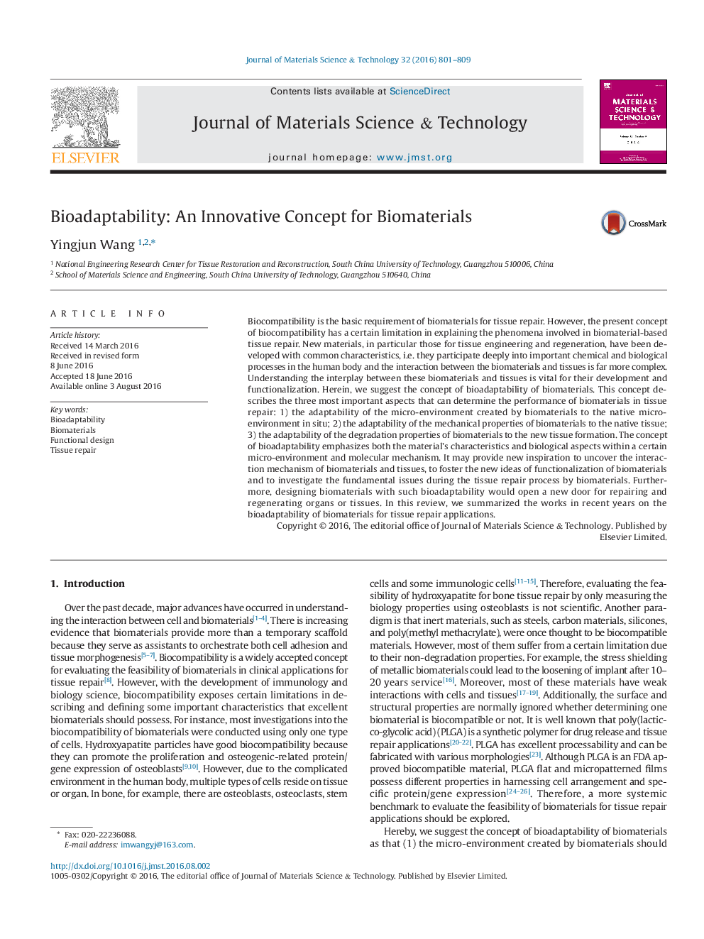 Bioadaptability: An Innovative Concept for Biomaterials