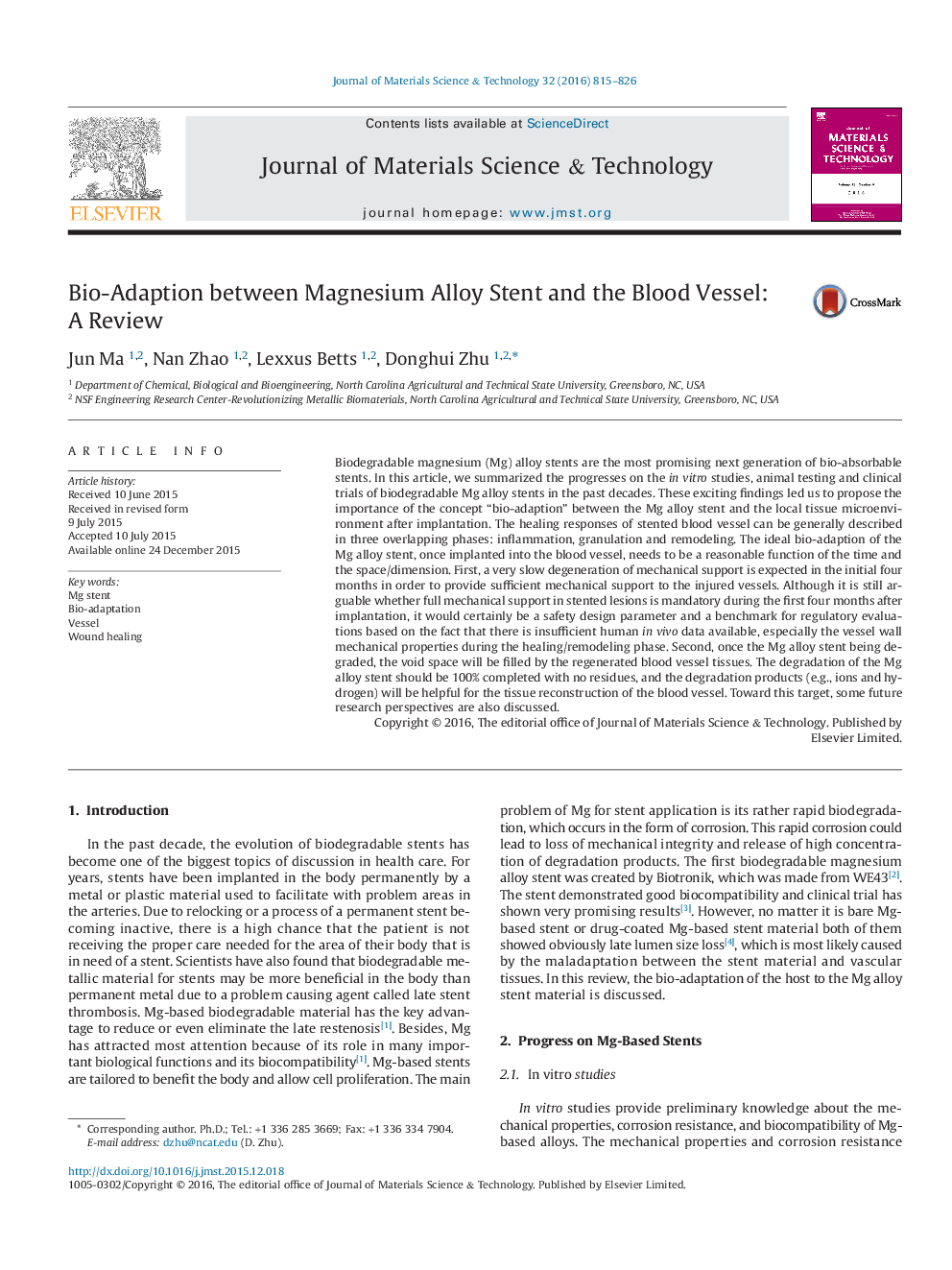 Bio-Adaption between Magnesium Alloy Stent and the Blood Vessel: A Review