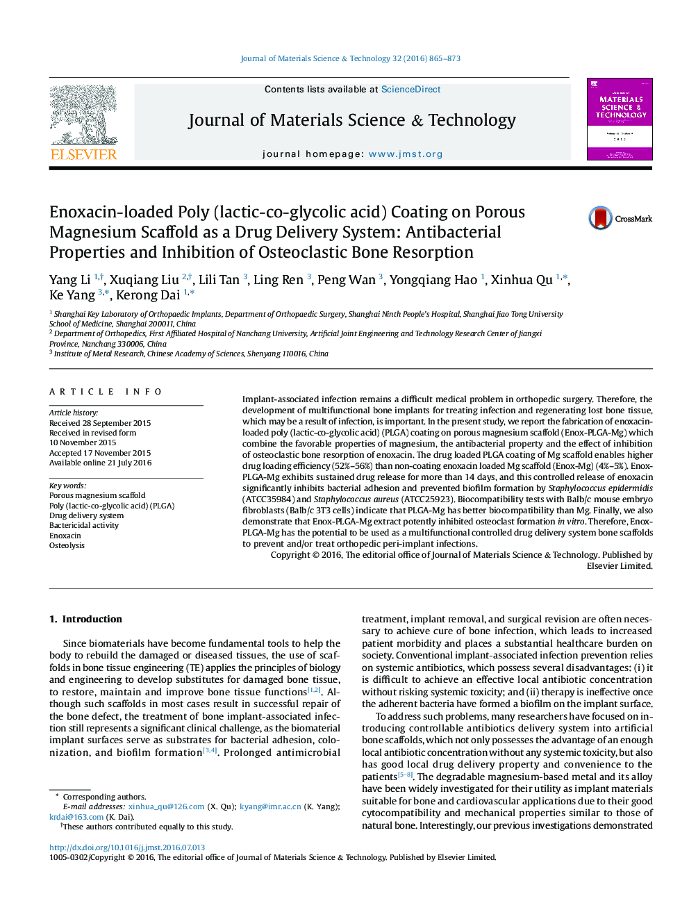 Enoxacin-loaded Poly (lactic-co-glycolic acid) Coating on Porous Magnesium Scaffold as a Drug Delivery System: Antibacterial Properties and Inhibition of Osteoclastic Bone Resorption