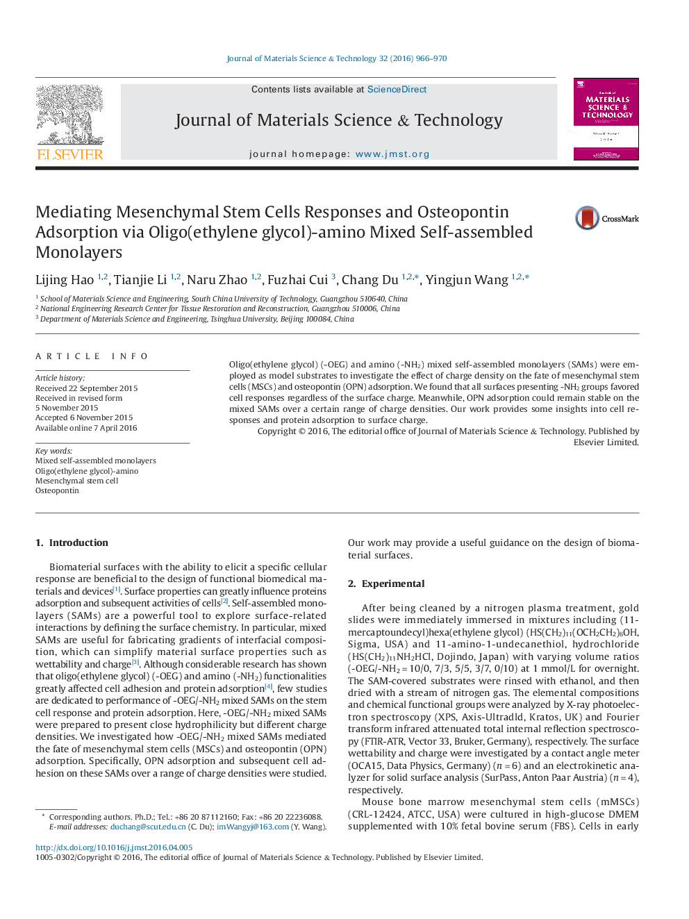 Mediating Mesenchymal Stem Cells Responses and Osteopontin Adsorption via Oligo(ethylene glycol)-amino Mixed Self-assembled Monolayers