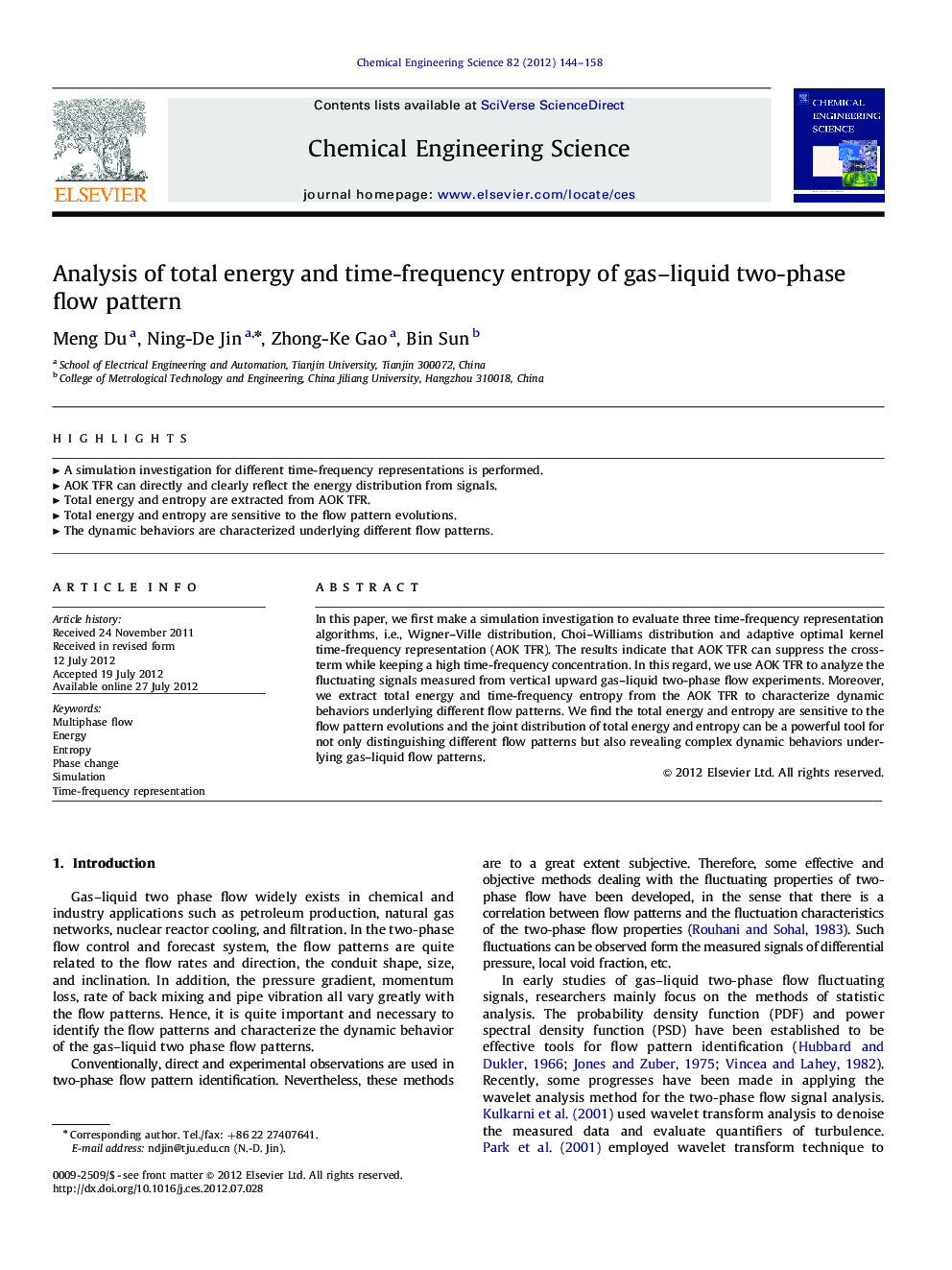 Analysis of total energy and time-frequency entropy of gas–liquid two-phase flow pattern