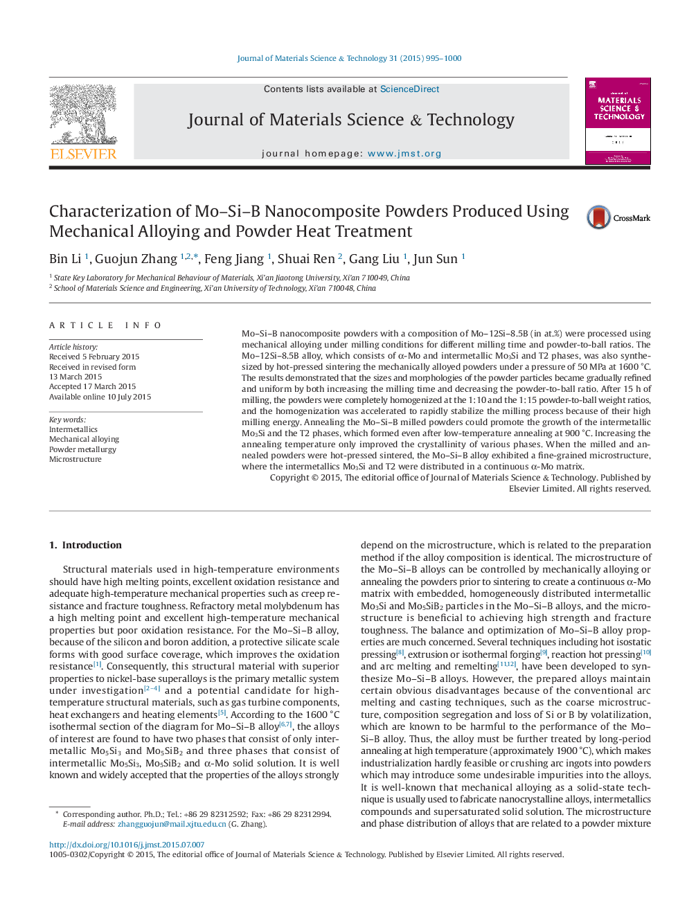 Characterization of Mo-Si-B Nanocomposite Powders Produced Using Mechanical Alloying and Powder Heat Treatment