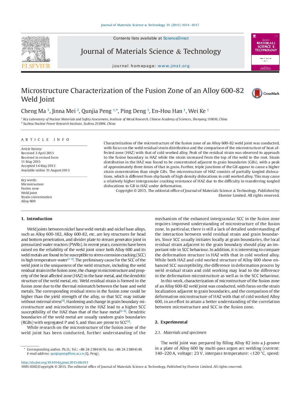 Microstructure Characterization of the Fusion Zone of an Alloy 600-82 Weld Joint