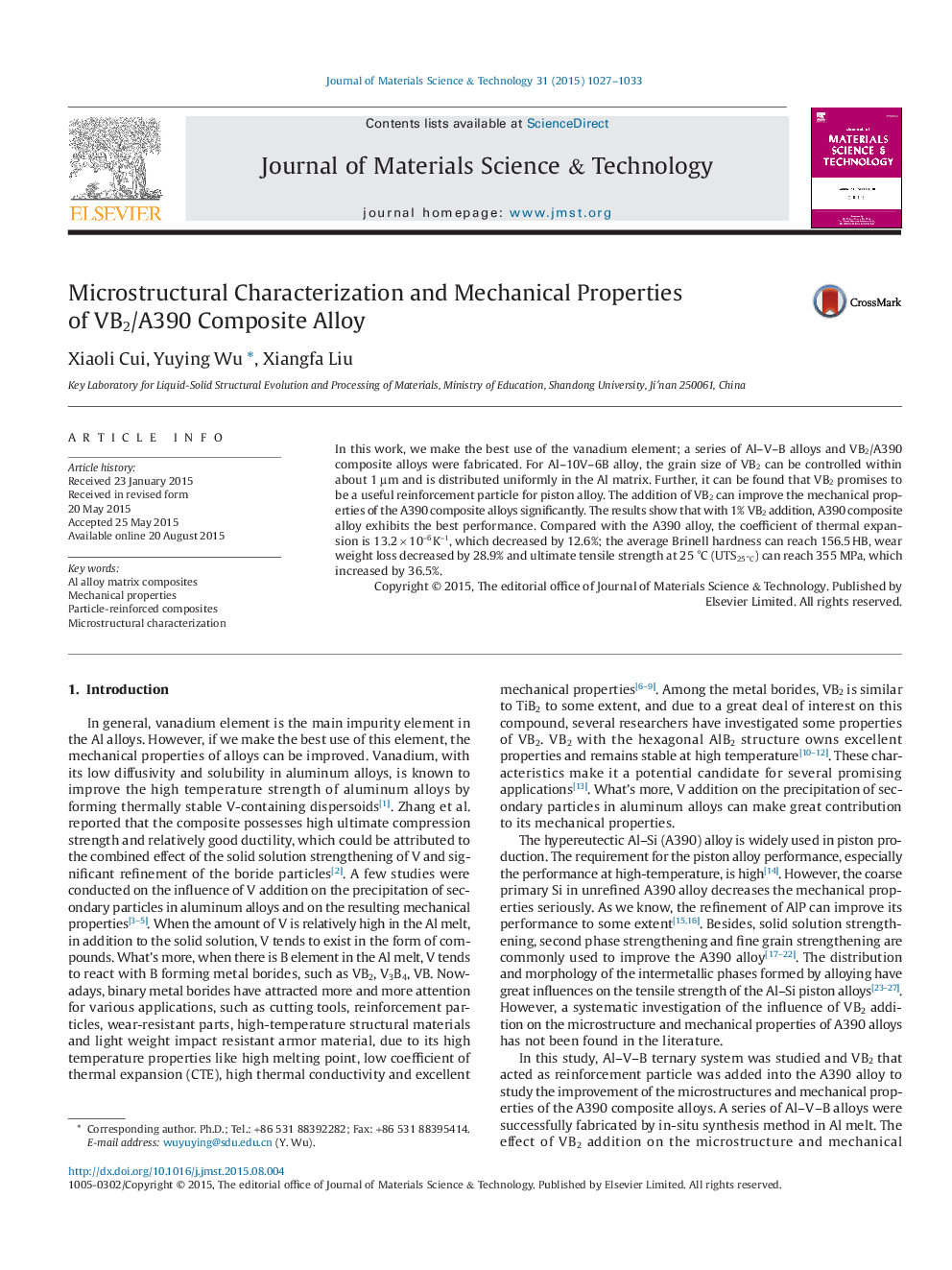 Microstructural Characterization and Mechanical Properties of VB2/A390 Composite Alloy