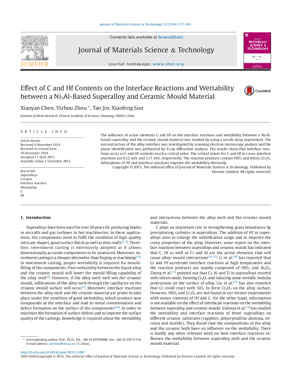 Effect of C and Hf Contents on the Interface Reactions and Wettability between a Ni3Al-Based Superalloy and Ceramic Mould Material