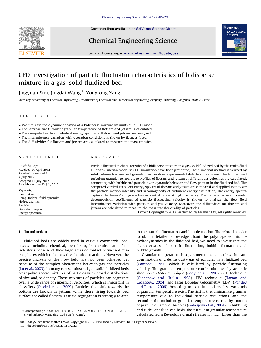 CFD investigation of particle fluctuation characteristics of bidisperse mixture in a gas–solid fluidized bed