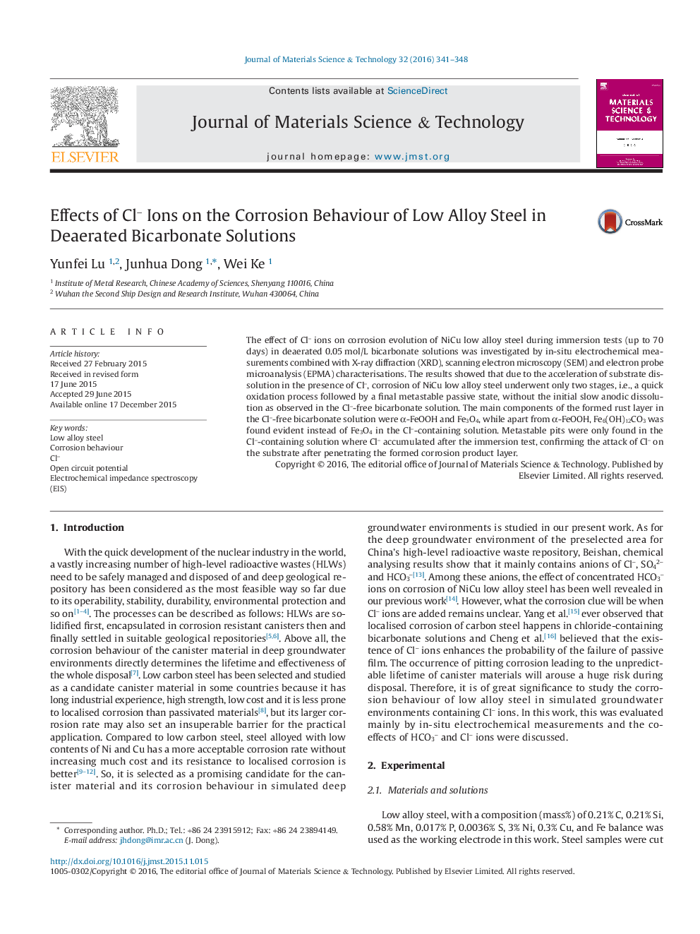 عکس صفحه اول مقاله: Effects of Clâ Ions on the Corrosion Behaviour of Low Alloy Steel in Deaerated Bicarbonate Solutions Effects of Clâ Ions on the Corrosion Behaviour of Low Alloy Steel in Deaerated Bicarbonate Solutions