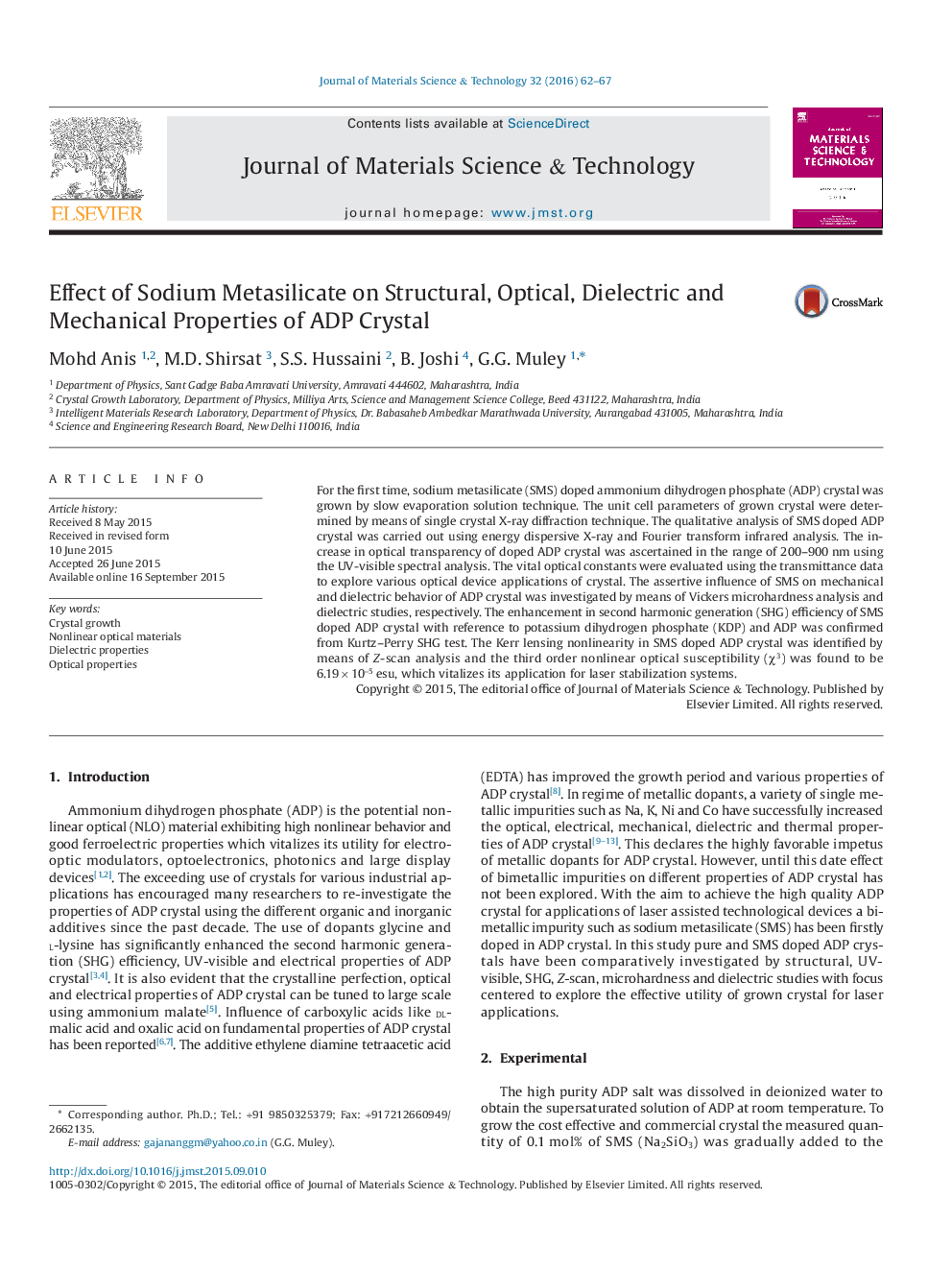 عکس صفحه اول مقاله: Effect of Sodium Metasilicate on Structural, Optical, Dielectric and Mechanical Properties of ADP Crystal Effect of Sodium Metasilicate on Structural, Optical, Dielectric and Mechanical Properties of ADP Crystal
